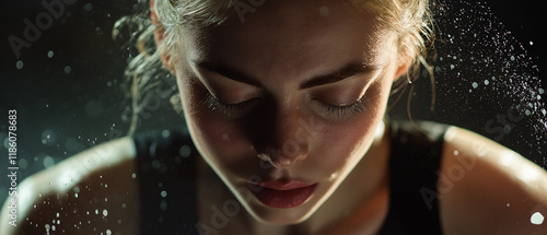 Woman's Focused Face: Dramatic Lighting and Water Splashes photo