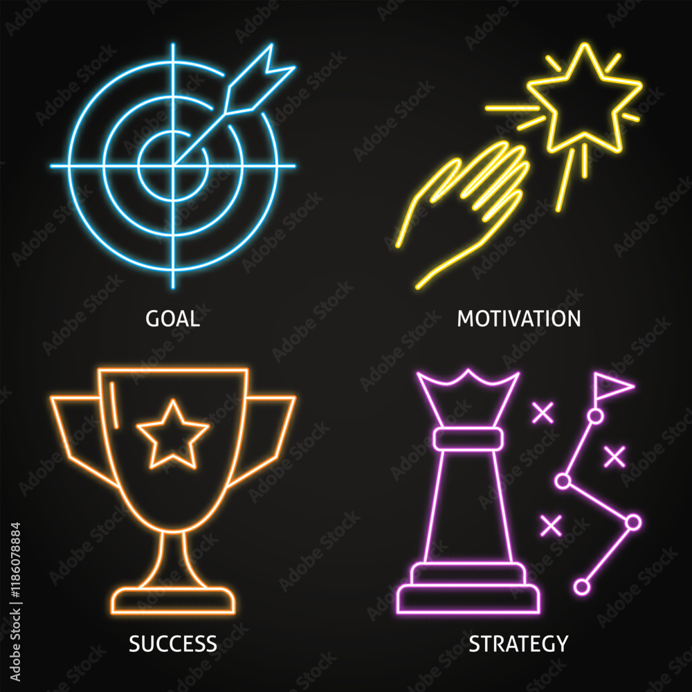 Motivation and success neon icon set Motivation and success neon icon set