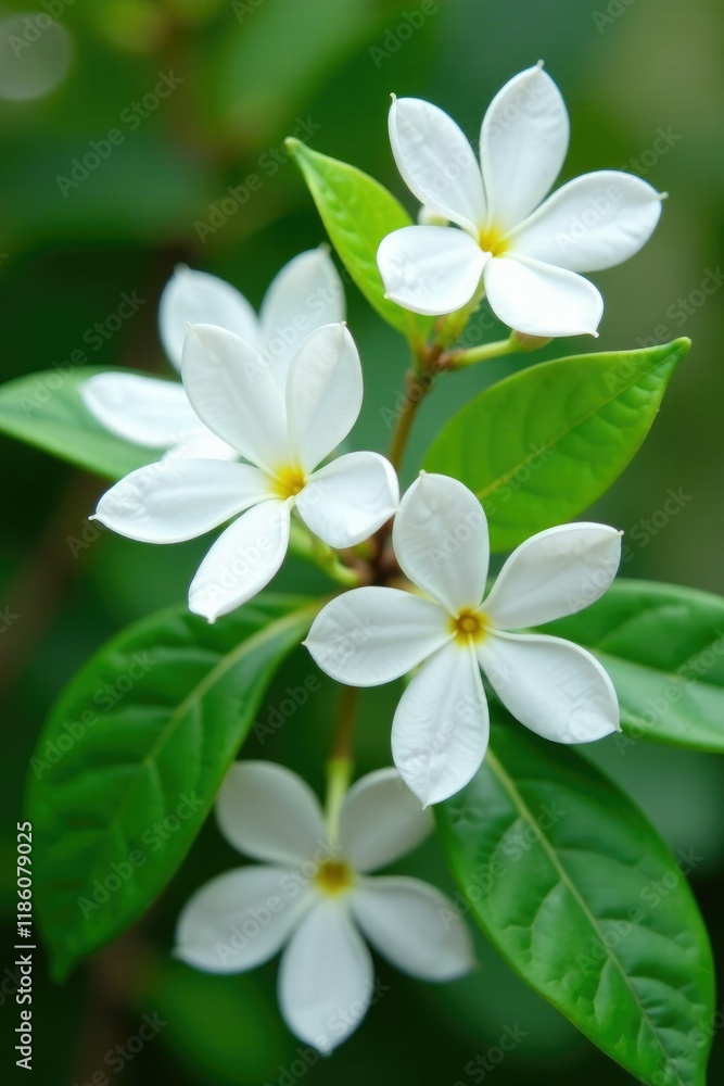 Fragrant white flowers of Trachelospermum jasminoides on a vine, plant details, botanicals Fragrant white flowers of Trachelospermum jasminoides on a vine, plant details, botanicals