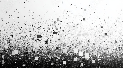 Cascading pixel fragments, monochromatic geometric breakdown, dissolving mosaic pattern, abstract digital rain, gradient disintegration effect, floating square elements, minimalist tech aesthetic,