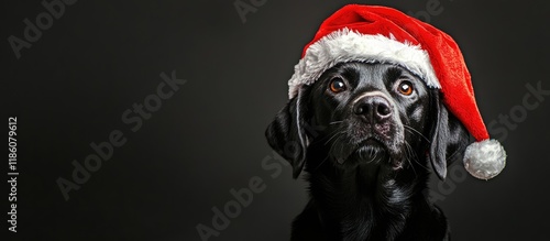 A black dog wearing a red S...