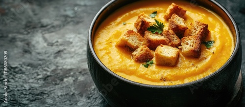 Close up of pumpkin soup wi...