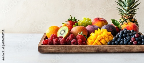 A wooden tray holds an asso...