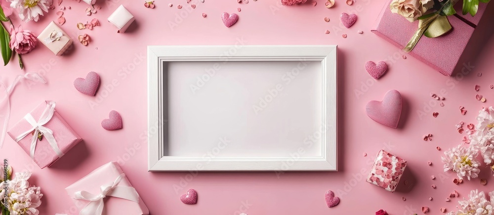 An empty white photo frame surrounded by flowers hearts gifts and confetti on a pink background Concept for holidays birthdays or Valentine s Day Flat lay top view copyspace An empty white photo frame surrounded by flowers hearts gifts and confetti on a pink background Concept for holidays birthdays or Valentine s Day Flat lay top view copyspace