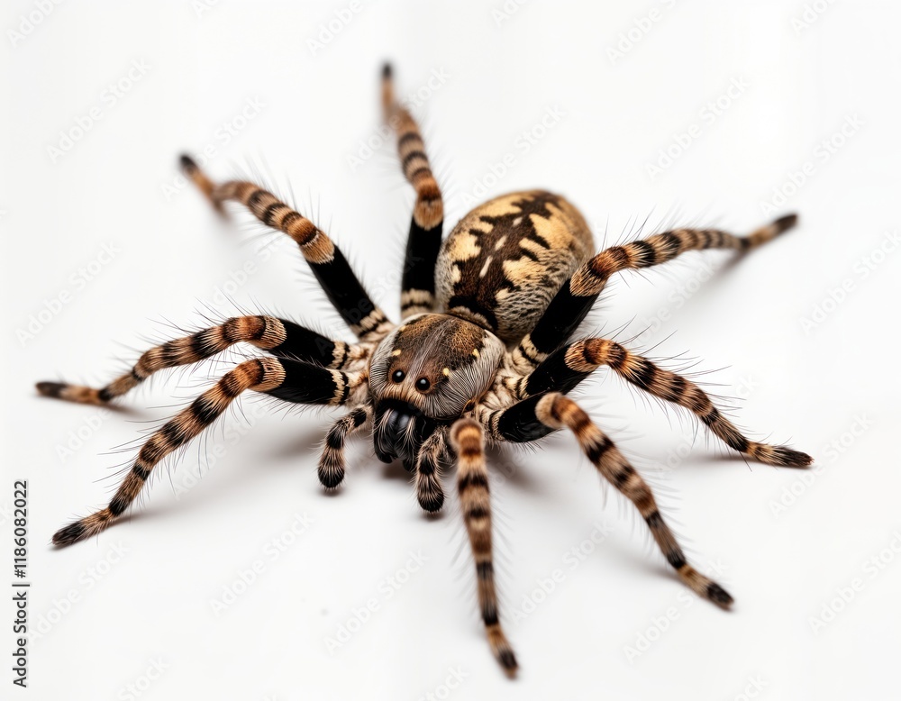 Macro photo of dead spider on white background. Spider striped brown, black body, legs. Invertebrate organism laying upside down. Pest arachnid. Nature detail. Imago close-up. Perfect for nature Macro photo of dead spider on white background. Spider striped brown, black body, legs. Invertebrate organism laying upside down. Pest arachnid. Nature detail. Imago close-up. Perfect for nature