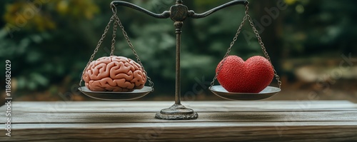 Scale balancing a brain and a heart, symbolizing the delicate equilibrium between intellect and emotion