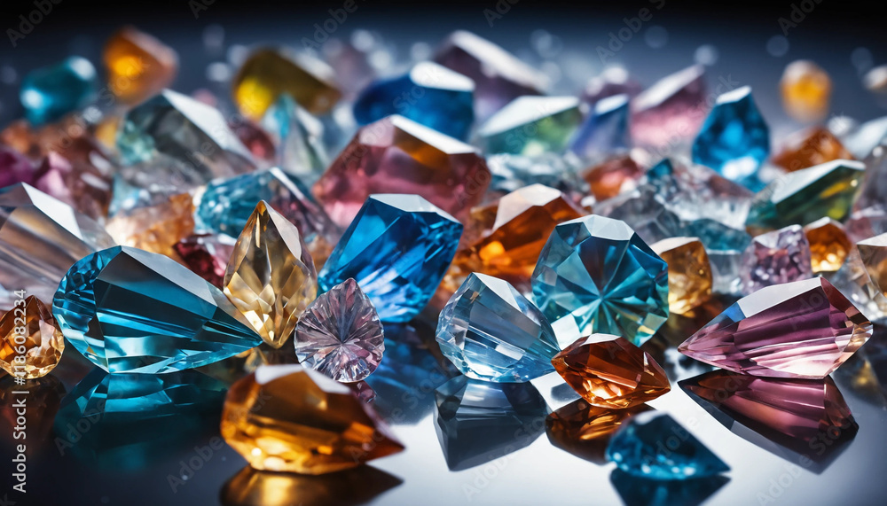 Chutes de cristaux colorés sur une surface brillante, avec reflets lumineux et textures éclatantes. Chutes de cristaux colorés sur une surface brillante, avec reflets lumineux et textures éclatantes.