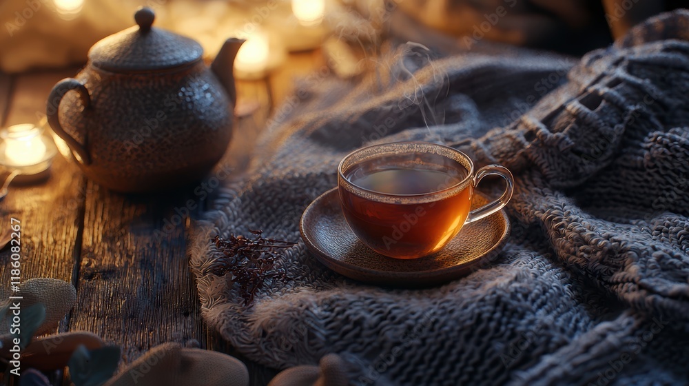 Fototapeta premium Cozy Autumn Evening: A Warm Cup of Tea by the Fireplace