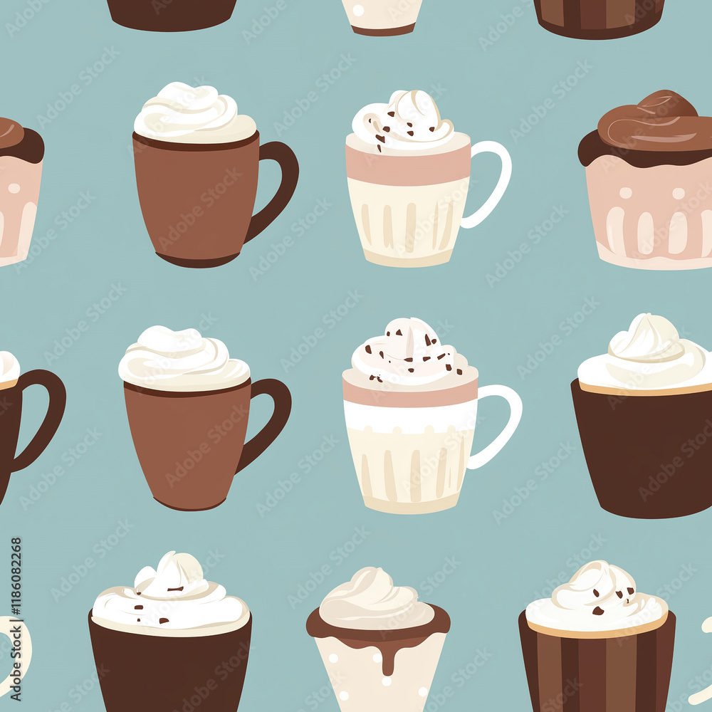 Hot chocolate flat illustration icons, Hot chocolate seamless pattern Hot chocolate flat illustration icons, Hot chocolate seamless pattern