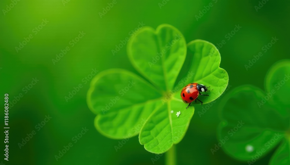 Ladybug crawls across a four-leaf clover's delicate surface, nature, Ladybug crawls across a four-leaf clover's delicate surface, nature,