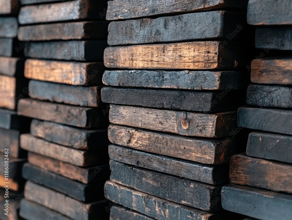 Stacked dark wooden planks with weathered textures in a detailed close-up.