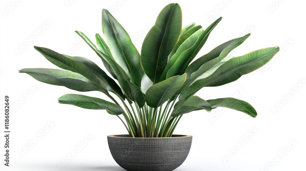 Lush Bird of Paradise plant in pot, isolated white background, interior design Lush Bird of Paradise plant in pot, isolated white background, interior design