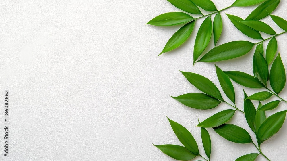 Fototapeta premium A photostock of vibrant green bamboo leaves with soft shadows, arranged artistically on a clean white background, natural and minimalistic, High Quality