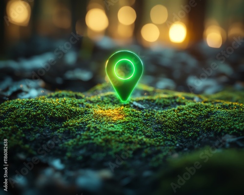 Vibrant green pin location marker glowing on mosscovered ground, creating a mystical, techinfused atmosphere photo