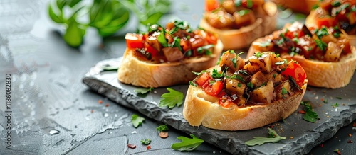 Tasty bruschettas topped wi...