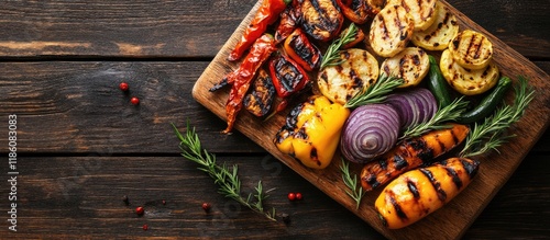 Grilled vegetables on a cut...
