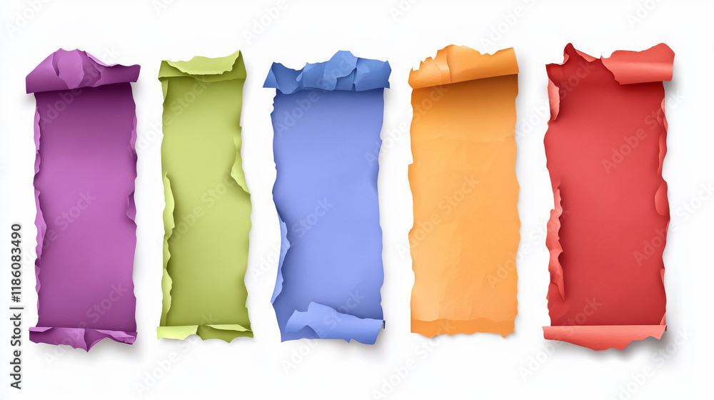 Naklejka premium Glued color paper posters. Realistic texture of wet paper sheet or fabric with creases. Vector set of empty adhesive pages. Blank vertical stickers with wrinkles isolated on white background