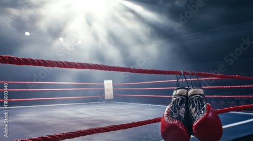 Under the bright, intense stadium lights, a boxing ring stands at the center, surrounded by eager spectators.