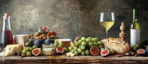Cheese wine baguette grapes...