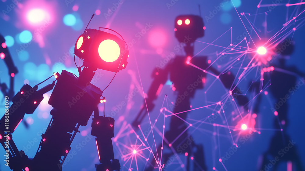 A futuristic scene featuring stylized robots in a vibrant, abstract digital environment. A futuristic scene featuring stylized robots in a vibrant, abstract digital environment.
