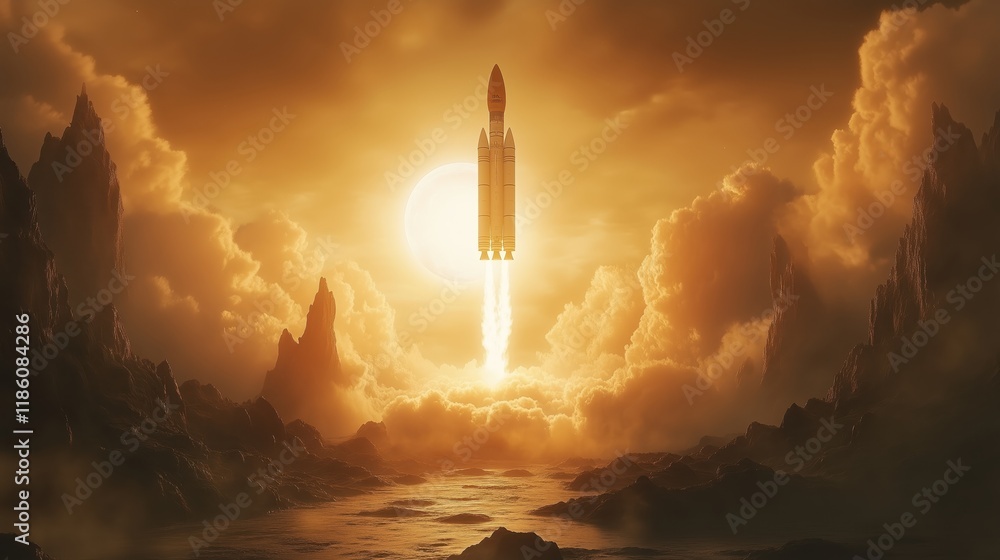 Fototapeta premium Rocket launches into the sky during a solar eclipse with the Sun's corona glowing in the background