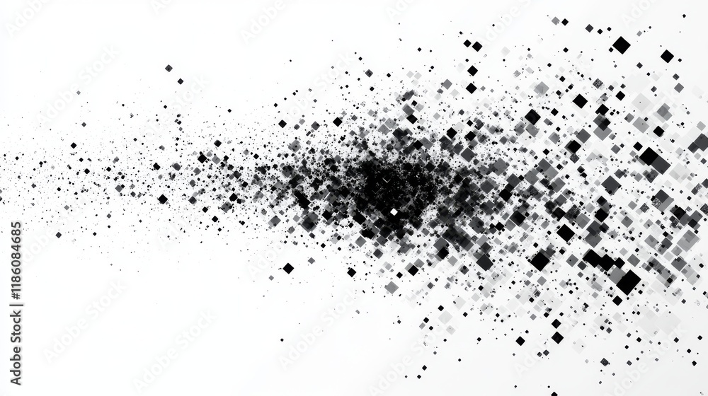 Fototapeta premium Diagonal cascade of pixel particles, starting as solid black geometric pattern and dissolving into precisely scattered square dots. Pattern maintains strict grid alignment while creating progressive