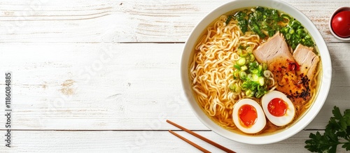 Tasty ramen in a bowl with ...