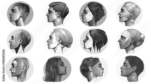 Grid collection of twelve abstract human faces in monochromatic style, mixture of male and female profile outlines, detailed line art approach showing different hairstyles and facial features, photo