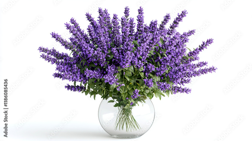 Obraz premium Fresh Lavender Bouquet in a Clear Glass Vase on White Background