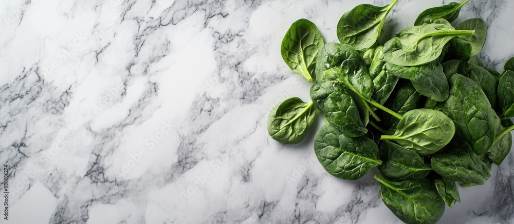 Obraz premium Flat lay arrangement featuring cooked spinach on a grey marble table Nutritious food. with copy space image. Place for adding text or design