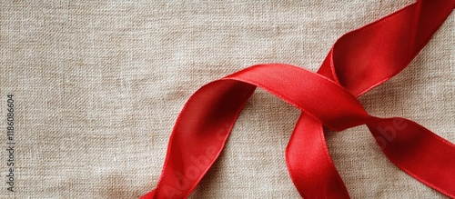 red ribbon on beige linen f...