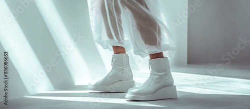 Women s legs A woman is dressed in long wide white pants made of transparent fabric paired with white boots standing indoors against a white wall background It s a trendy casual outfit showcasing d photo