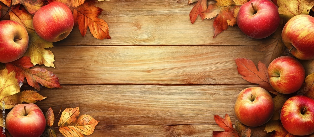 Autumn border created with apples and maple leaves on a wooden background. with copy space image. Place for adding text or design Autumn border created with apples and maple leaves on a wooden background. with copy space image. Place for adding text or design