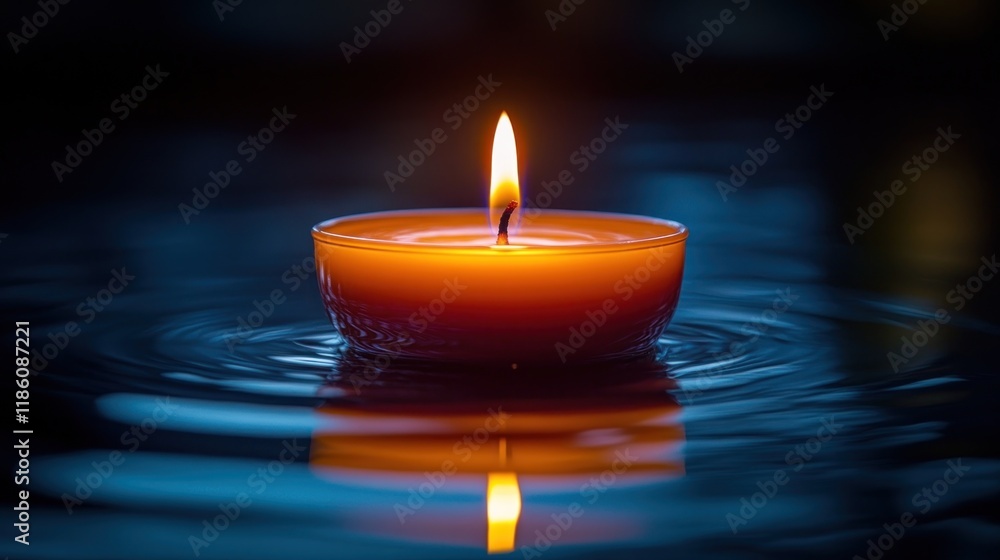 Single burning candle floating on dark water, creating ripples. Single burning candle floating on dark water, creating ripples.