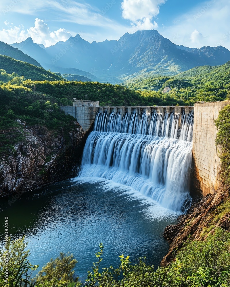 Fototapeta premium Hydroelectric dam with water cascading over, reflecting the balance of nature s force and tranquil beauty