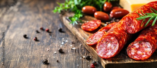 Sliced sausage on a wooden ...