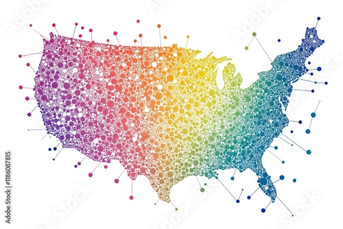 A map of the United States, with colorful dots representing unity and diversity, connected by bright threads of hope and equality.