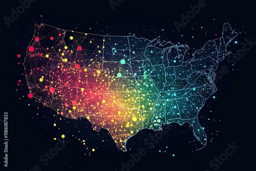 A map of the United States, with colorful dots representing unity and diversity, connected by bright threads of hope and equality.