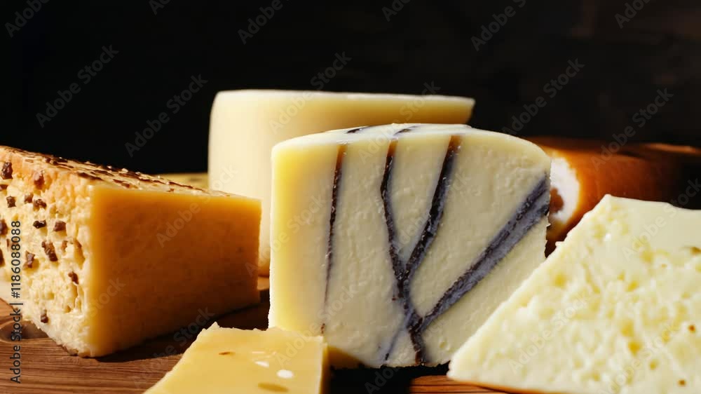 Slow zoom out video of luxurious aged cheeses on a rustic wooden board with a shadowed background and low key lighting