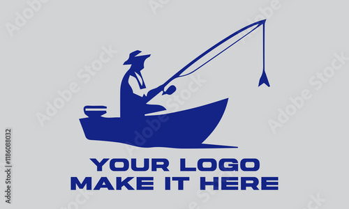 Blue fisherman actively rows boat, fishing with rod. Ideal for fishing,  illustration vector background outdoor, and adventurethemed designs. Great for fishing enthusiasts