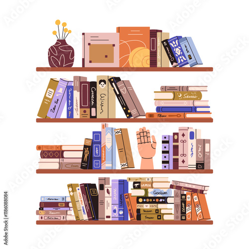 Book shelves. Many novels, textbooks, encyclopedias, study and fiction literature on bookshelf. Home library for knowledge, education, reading. Flat vector illustration isolated on white background