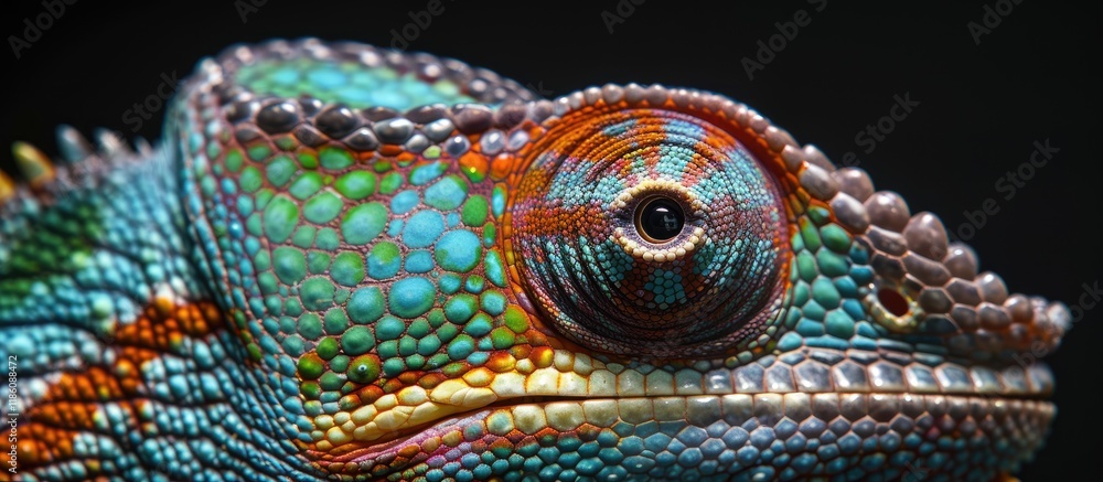 Fototapeta premium A chameleon portrait Macro photograph of details skin eyes head and colors Chamaeleo chamaeleon Observing an insect. with copy space image. Place for adding text or design