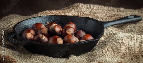Ripe chestnuts on burlap wi...