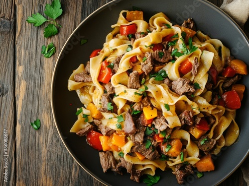 close-up of laghman noodles with vegetables and beef on wooden table  photo