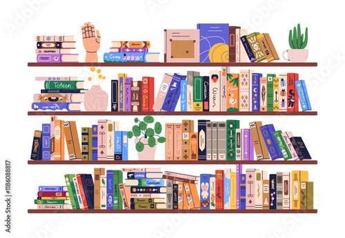 Book shelves. Home library collection on bookshelf. Bookcase, fiction and education literature, novels, encyclopedias for reading and studying. Flat vector illustration isolated on white background