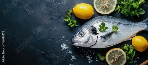 Fresh raw sea bream fish dorado garnished with lemon slices herbs and parsley on a dark background Healthy food concept top view copyspace