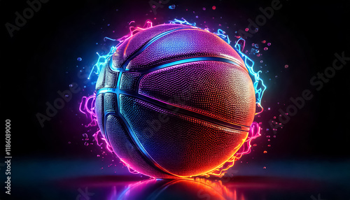 colorful glowing neon basketball , dark background
