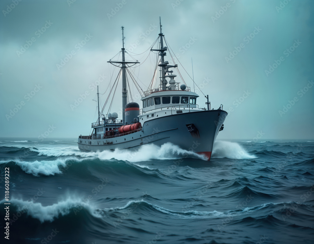 Gray ship moves through rough sea. Waves crash around vessel. Stormy weather conditions visible on ocean surface. Powerful ship maneuvers in choppy water. Strong winds, choppy water. Large waves