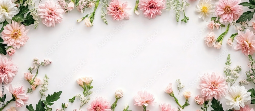 A frame created from lovely flowers on a white background flat lay style with room for text Floral arrangement. with copy space image. Place for adding text or design A frame created from lovely flowers on a white background flat lay style with room for text Floral arrangement. with copy space image. Place for adding text or design