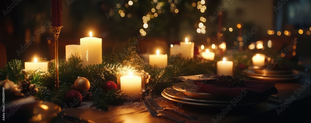 A beautifully lit Christmas table setting with glowing candles and festive greenery, warm holiday atmosphere, elegant dining. A beautifully lit Christmas table setting with glowing candles and festive greenery, warm holiday atmosphere, elegant dining.